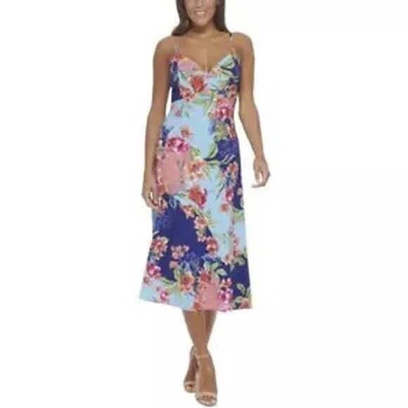 Guess Women's Floral Sweetheart MIDI Dress, Blue/Coral/Multi Size 8 - Picture 1 of 2
